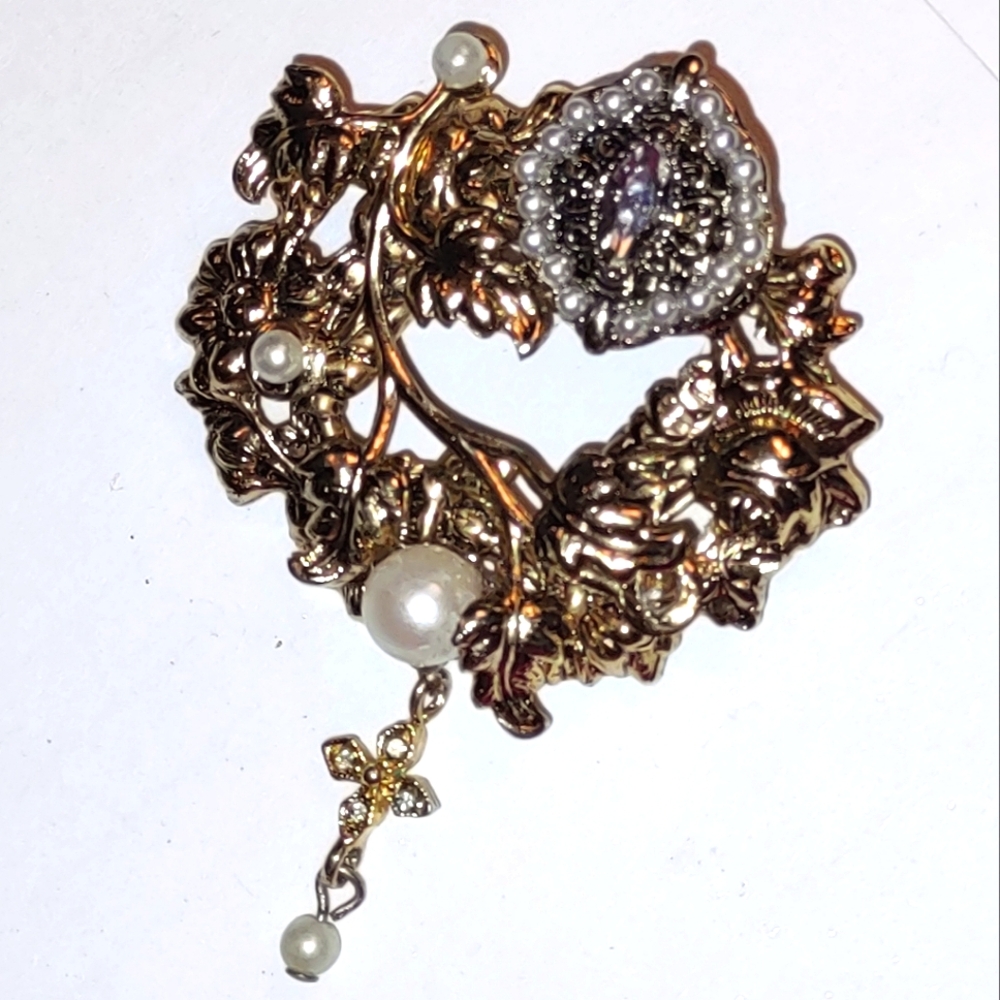 Vintage Upcycled Brooch Open-work Gold, Pearls &  Dangling Cross